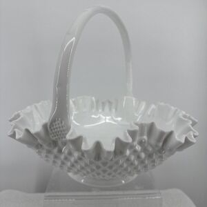 Vintage Fenton Hobnail Milk Glass 10" Basket Ruffled Edge and Crimped Handle